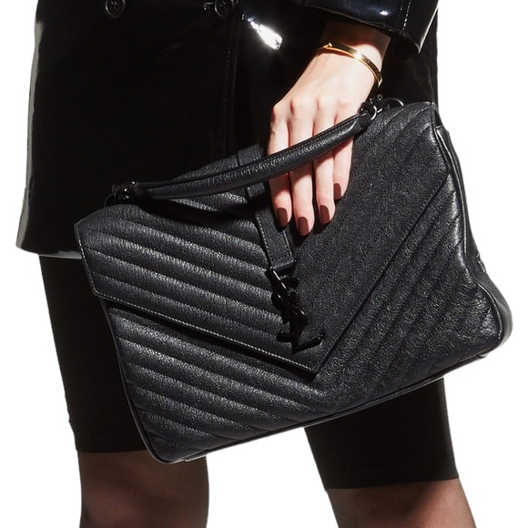 NWT YSL YVES SAINT LAURENT BLACK ON BLACK QUILTED LARGE COLLEGE HANDBAG! - Picture 1 of 15